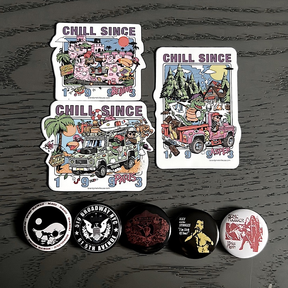 5 brandy pins, 3 brandy stickers